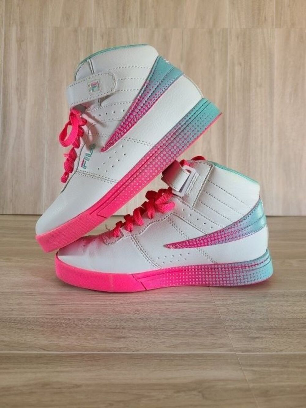 Fila Youth 3 High Top Sneakers White Pink Teal Strap Lace Casual Shoes